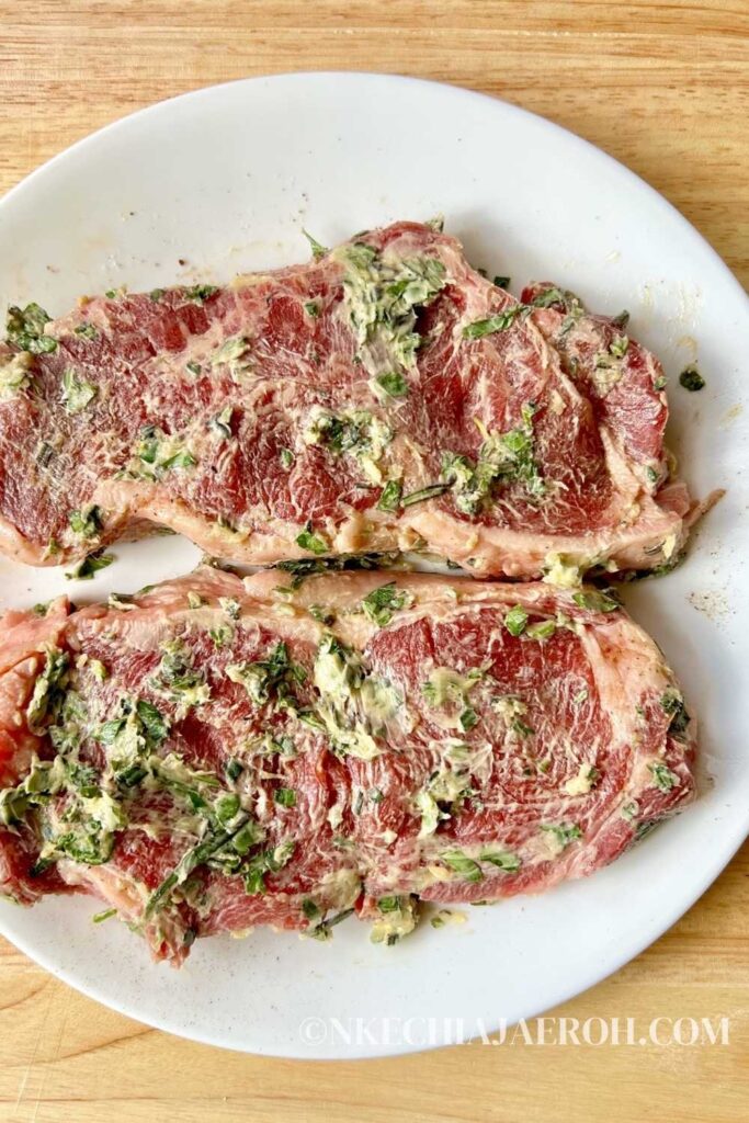 Air Fryer NY Strip Steak with Garlic Herb Butter Nkechi Ajaeroh