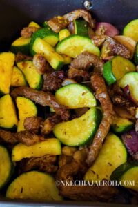 An easy air fryer ribeye steak and zucchini (stir-fry) is a healthy low-carb meal you can easily make in the air fryer. When you air fry a ribeye steak, you end up with a juicy, tasty + satisfying piece of meat. Steak and zucchini stir-fry in the air fryer guarantees you a healthy quick, and easy lunch or dinner. Air-fried ribeye steak and zucchini meal is gluten-free, dairy-free, whole30, low-carb, and keto. #stea #airfryersteak #lowcarb #zucchini #stirfry