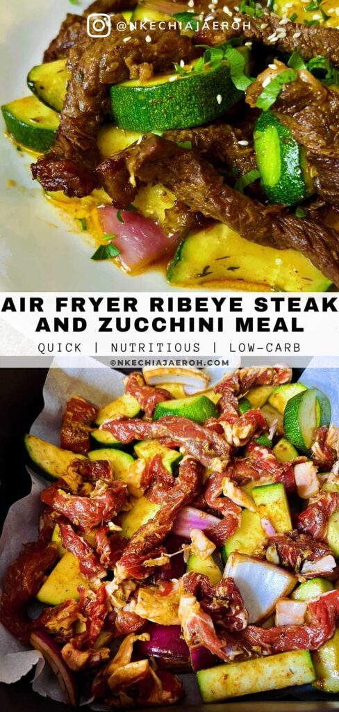 An easy air fryer ribeye steak and zucchini (stir-fry) is a healthy low-carb meal you can easily make in the air fryer. When you air fry a ribeye steak, you end up with a juicy, tasty + satisfying piece of meat. Steak and zucchini stir-fry in the air fryer guarantees you a healthy quick, and easy lunch or dinner. Air-fried ribeye steak and zucchini meal is gluten-free, dairy-free, whole30, low-carb, and keto-friendly. #stea #airfryersteak #lowcarb #zucchini #stirfry