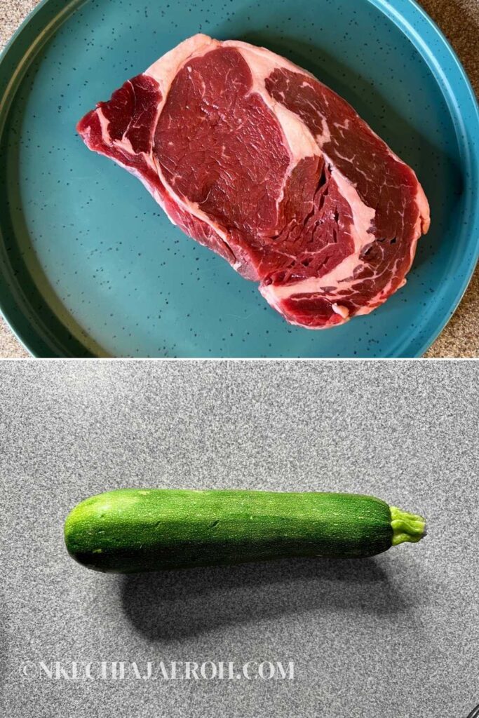 Raw ribeye steak and fresh zucchini 