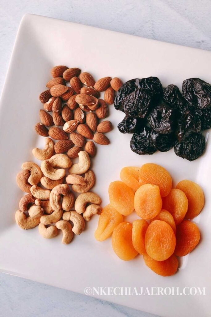 dried fruits (prunes, apricots) and nuts (almonds, cashews) 