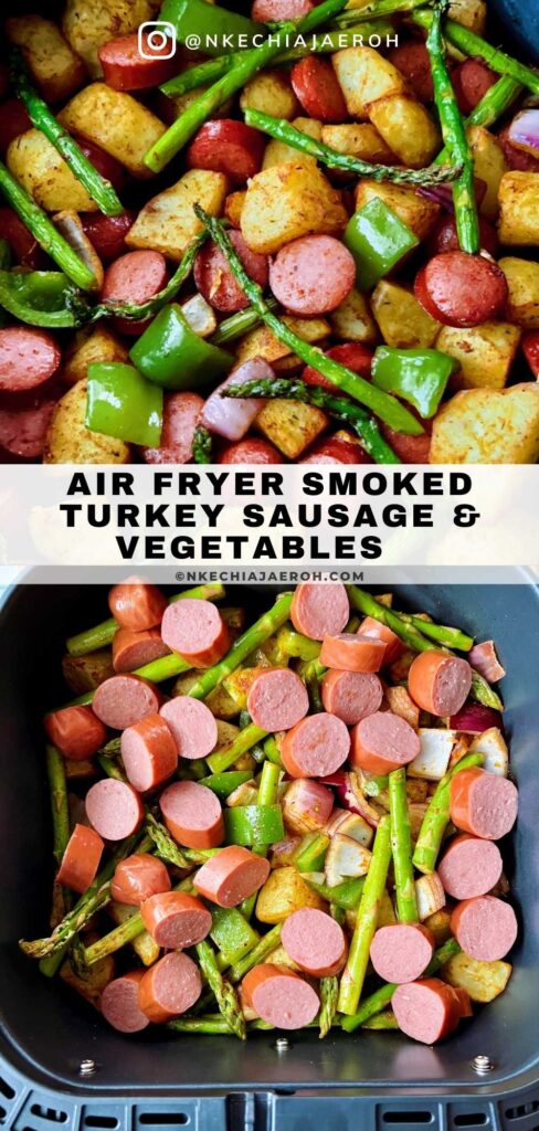 An easy recipe of air fryer turkey sausages, potatoes, and asparagus is tasty, nutritious, and filling. Weeknight dinners can never get easier than this super tasty air fryer of smoked turkey sausages, potatoes, asparagus, and peppers. The best part is that they are easy to make! If you have never air fried sausages before, you are in for a treat! Turkey sausage in the air fryer is delicious and makes a quick lunch or dinner. #Turkeysausage #Smokedsausage #Butterballsausage #smokedturkeysausage #airfryersausage #sausageandpotatoes