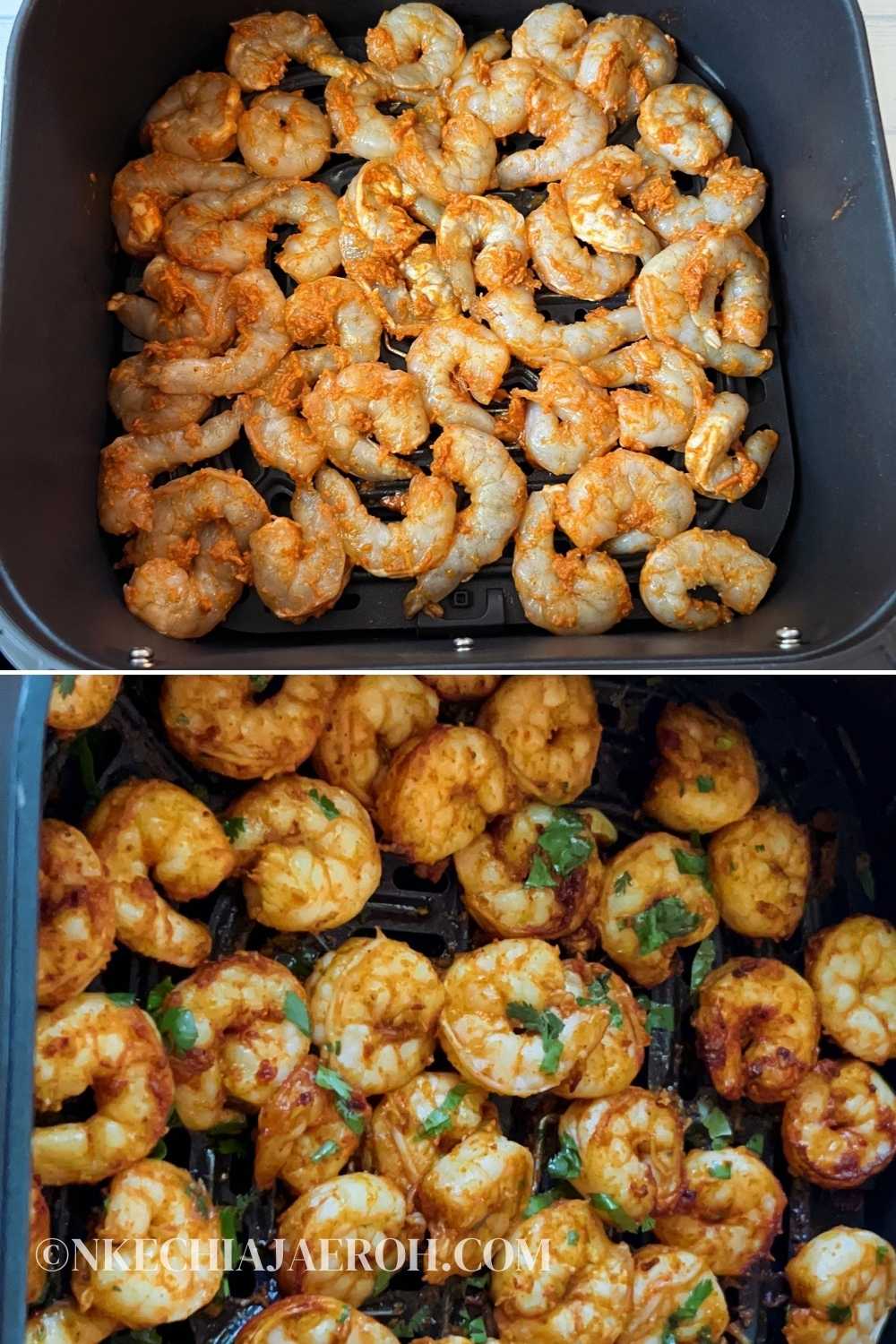 place the shrimp in a single layer in the air fryer basket. Air fry the garlic butter shrimp for about 7-8 minutes. You can toss them at the halfway point, but I usually don't. Shrimp is ready when it turns pink or opaque.