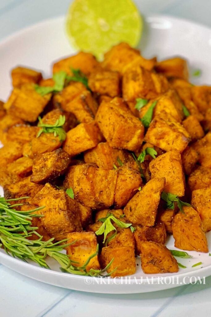 Delicious, nutritious, and easy-to-make air fryer sweet potato cubes are the best side dish. In just 15 minutes, your air fryer renders these bite-sized sweet potato pieces into heavenly bits. They're crispy on the outside while having that soft and tender inside. Perfect with any meal or enjoyed as a snack. Easily seasoned with pantry spice for a savory flavor you'll love. Plus, sweet potatoes are healthy, and this recipe is vegan, gluten-free, and sugar-free!