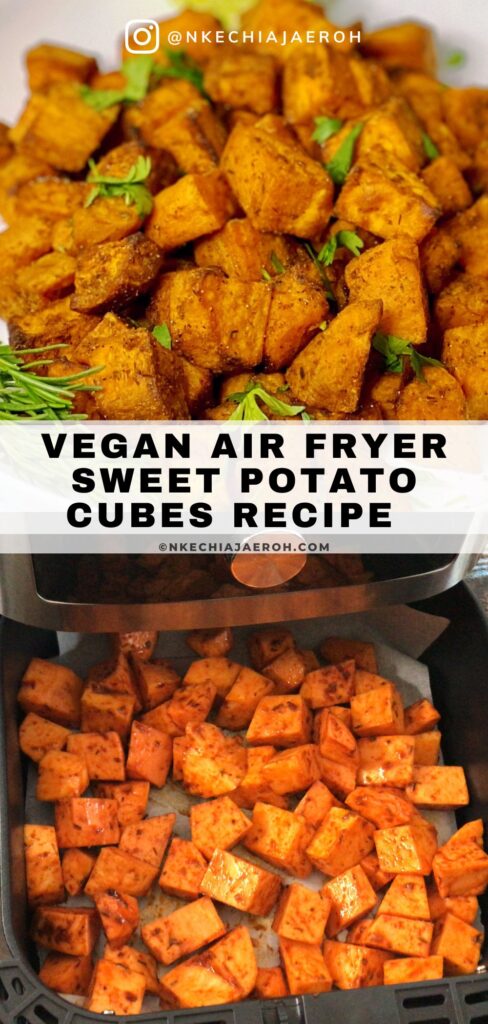 Delicious, nutritious, and easy-to-make air fryer sweet potato cubes are the best side dish. In just 15 minutes, your air fryer renders these bite-sized sweet potato pieces into heavenly bits. They're crispy on the outside while having that soft and tender inside. Perfect with any meal or enjoyed as a snack. Easily seasoned with pantry spice for a savory flavor you'll love. Plus, sweet potatoes are healthy, and this recipe is vegan, gluten-free, and sugar-free! 