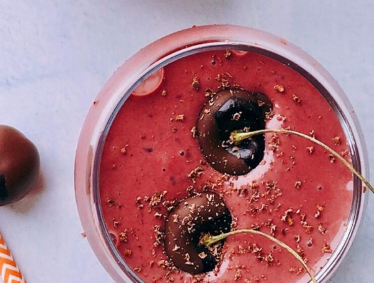 Easy + healthy sweet, and indulgent chocolate cherry smoothie is the perfect smoothie for any occasion. This chocolate cherry smoothie is a wholesome treat with a satisfying texture; it has the perfect blend of intense chocolate flavor, almond butter, and sweetness from the cherries and orange juice! The best part is that this cherry smoothie contains only five ingredients! You’ll have this healthy smoothie ready for a delicious breakfast, snack, or healthy dessert in just a few simple steps!
