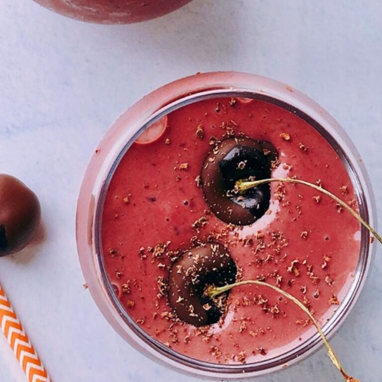 Easy + healthy sweet, and indulgent chocolate cherry smoothie is the perfect smoothie for any occasion. This chocolate cherry smoothie is a wholesome treat with a satisfying texture; it has the perfect blend of intense chocolate flavor, almond butter, and sweetness from the cherries and orange juice! The best part is that this cherry smoothie contains only five ingredients!