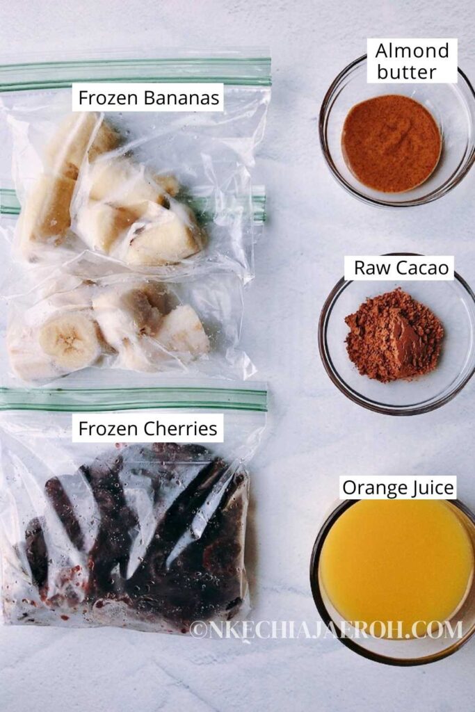 Frozen cherries, frozen bananas, orange juice, raw  cacao and almond butter 