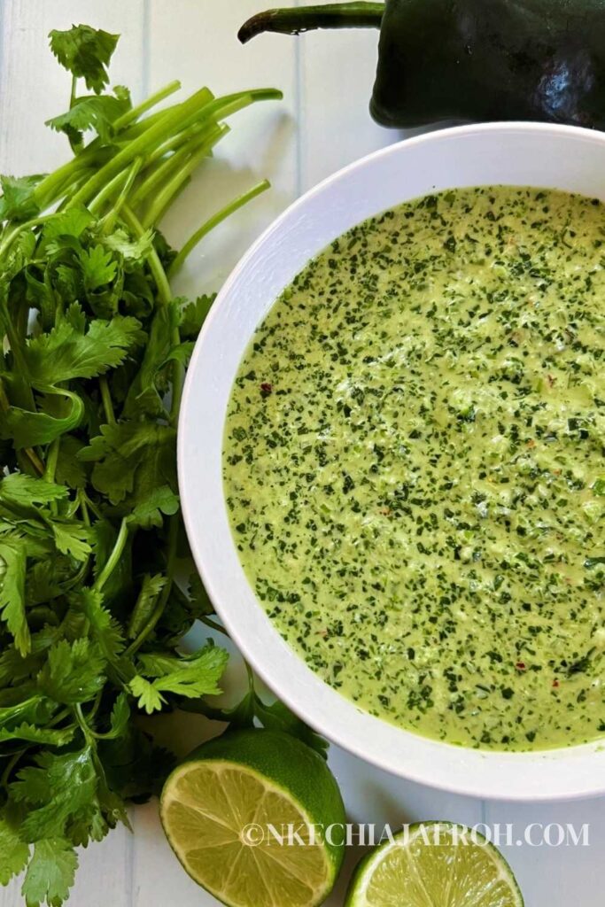 Homemade cilantro lime marinade is pungent, tangy, and packed with flavors. Combine fresh cilantro leaves, limes, garlic, poblano pepper, Serrano peppers, green onions/spring onions, olive oil, salt, and pepper to make the best cilantro lime marinade. This easy cilantro marinade is Versatile; great as a marinade, sauce, dip, or dressing. Cilantro lime marinade/sauce is vegan, gluten-free, sugar-free, and health-improving!