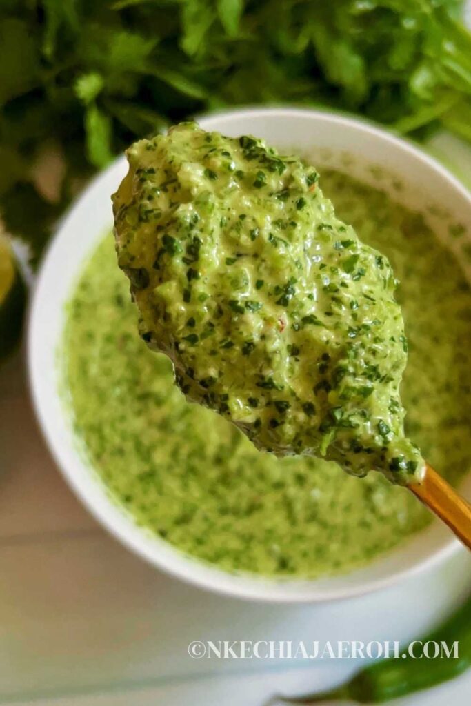 Homemade cilantro lime marinade is pungent, tangy, and packed with flavors. Combine fresh cilantro leaves, limes, garlic, poblano pepper, Serrano peppers, green onions/spring onions, olive oil, salt, and pepper to make the best cilantro lime marinade. This easy cilantro marinade is Versatile; great as a marinade, sauce, dip, or dressing. Cilantro lime marinade/sauce is vegan, gluten-free, sugar-free, and health-improving! #lime #cilantro #Marinade #sauce #dip