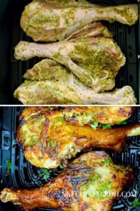 A simple recipe of air fryer turkey drumsticks marinated with cilantro lime marinade is succulent, juicy, and utterly delicious. Full of tart and tangy, savory, and pungent flavors, it’s the perfect way to flavor the turkey meat, bet it whole turkey or parts! These marinated turkey legs make a fantastic main dish for Sunday dinner, Thanksgiving, or Christmas! And with my cilantro lime marinade, they become all the more incredible. #Turkey #Holiday #Thanksgiving #Christmas #Sundaydinners