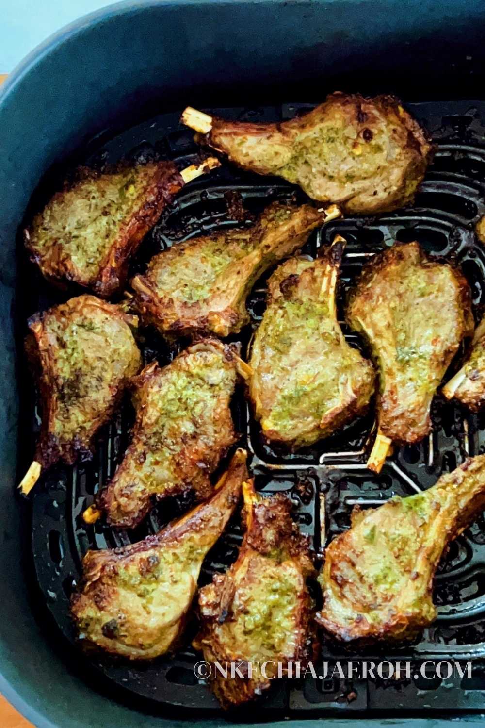 These easy and tasty lamb chops in the air fryer are tender and juicy with slightly crispy edges. First, they are marinated in the cilantro lime marinade to lock in the juiciness, and the air fryer cooks them to perfection. You get a crisp exterior and perfect meat inside that will impress your family and your guests. These marinated lamb chops are flavorful and perfect with every main dish. Also, this recipe is keto, gluten-free and low-carb. #Lambchops #keto #Airfryer