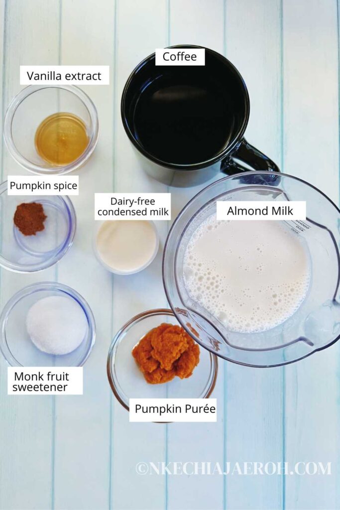 Pumpkin spice latte ingredients - pumpkin purée or pumpkin butter, pumpkin pie spice, almond milk or any dairy-free milk of choice, strong brew coffee, and sweetener of choice. 