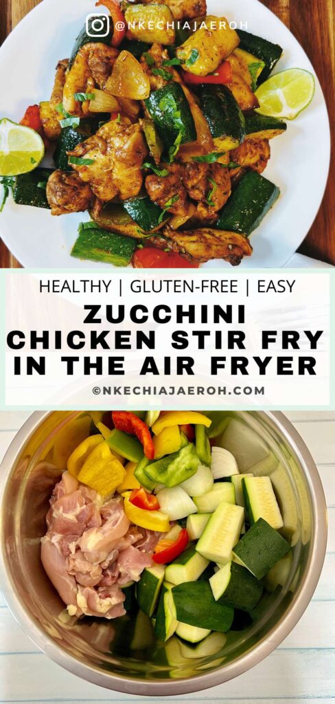 Healthy and easy zucchini chicken stir fry made in the air fryer is easy to make, flavorful, colorful, delicious, and satisfying! This unique stir fry with chicken and zucchini chicken makes a quick weekday lunch or dinner!  With just a few easy steps and a short cooking time, this easy zucchini stir-fry with chicken will be your new go-to dinner on a busy night. And the best part is that you use your air fryer! #Stirfry #Zucchini #Chicken 