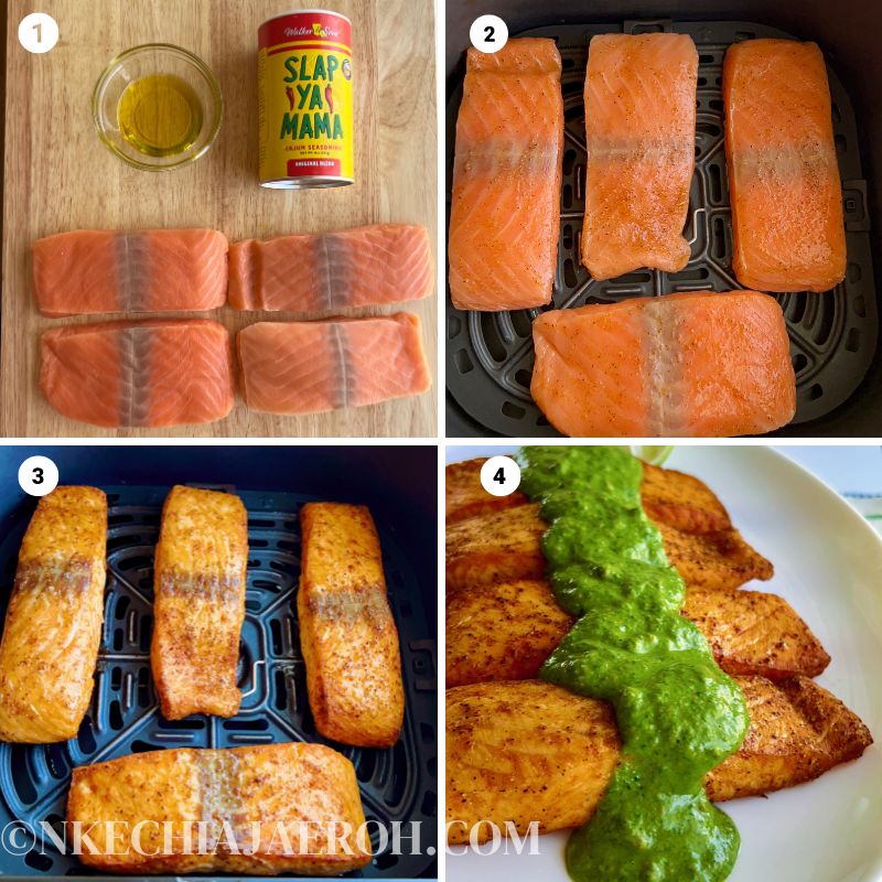 This healthy Salmon recipe is easy to make; it is tasty, gluten-free, low-carb, and perfect for family dinners, hosting, and holidays. Healthy salmon with lime-cashew-spinach green sauce can be cooked in the air fryer or stovetop and will be ready in under 20 minutes. This salmon recipe requires only a few ingredients; salmon, olive oil, and Cajun seasoning. For the green sauce, you will need spinach, cashew, lime, salt, and pepper. #Vegetarianrecipe #fish #salmon #airfryerrecipes