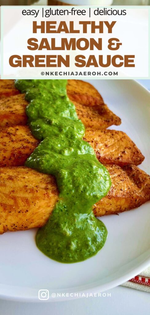 This healthy Salmon recipe is easy to make; it is tasty, gluten-free, low-carb, and perfect for family dinners, hosting, and holidays. Healthy salmon with lime-cashew-spinach green sauce can be cooked in the air fryer or stovetop and will be ready in under 20 minutes. This salmon recipe requires only a few ingredients; salmon, olive oil, and Cajun seasoning. For the green sauce, you will need spinach, cashew, lime, salt, and pepper. #Vegetarianrecipe #fish #salmon #airfryerrecipes