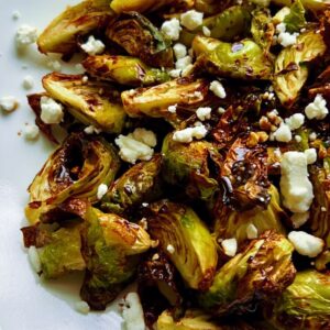 Air Fryer Brussels Sprouts with Goat Cheese and Balsamic Glaze