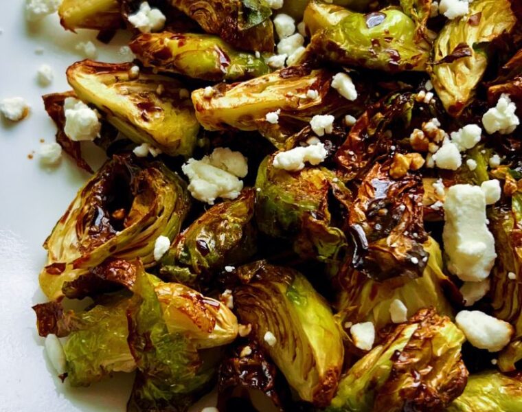 Tasty, crispy, sweet, and tangy air fryer Brussels sprouts are cooked in the air fryer, drizzled with balsamic glaze, aka balsamic reduction, and finally topped with creamy goat cheese. These Brussels sprouts are crunchy, still tender inside, and crispy outside. That balsamic glaze gives this air-fried Brussels sprouts a sweet and tangy taste, while the goat cheese adds the perfect level of creaminess. This dish is the perfect appetizer or side dish for any night of the week. Also, it will impress guests as a holiday dinner.