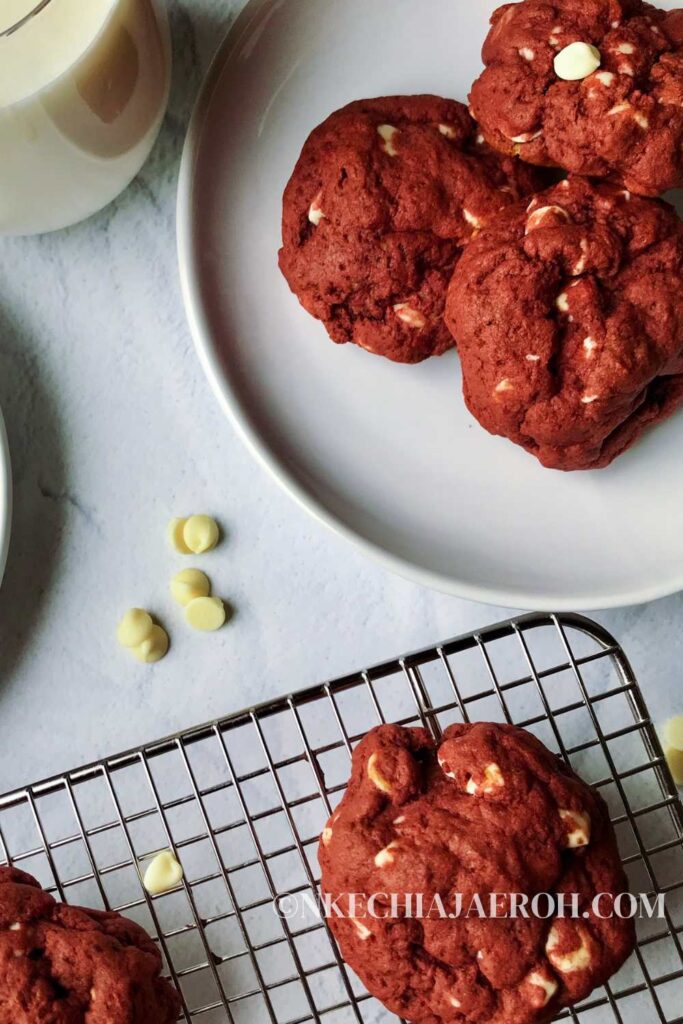 These bright red-colored cookies with white chocolate chips and no artificial coloring will become your go-to red velvet cookie recipe. Tasty, healthy red velvet cookies with beets taste exactly like the classic red velvet cake but in cookies. They are very delicious without any taste of the earthy beets! These are the perfect chewy and soft cookies with melty white chocolate chips—the best classic red velvet cake cookies.