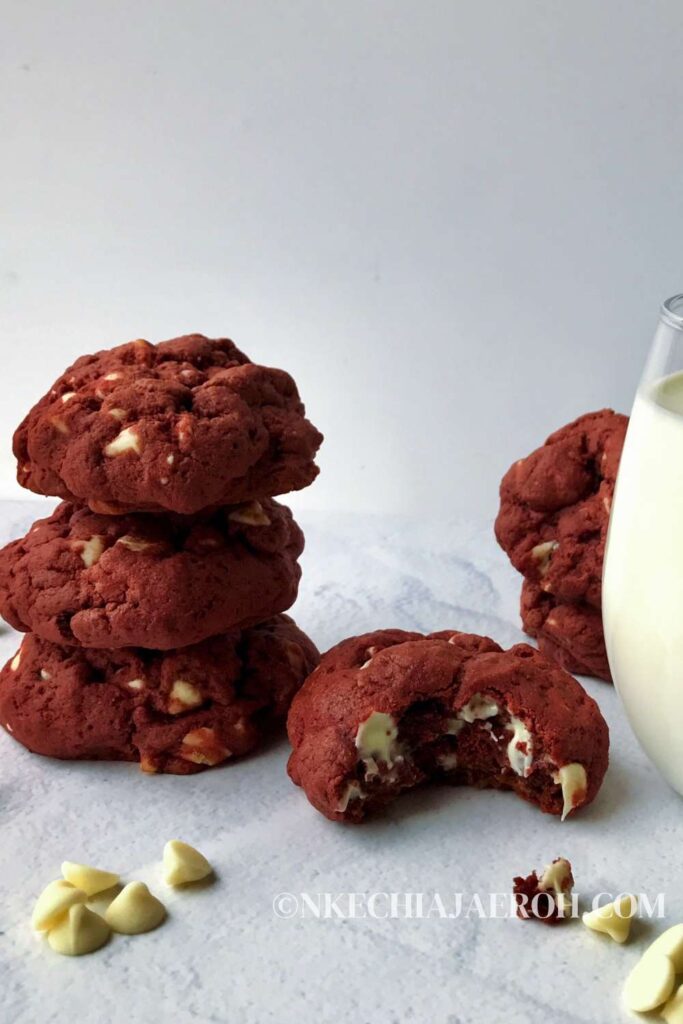 These bright red-colored cookies with white chocolate chips and no artificial coloring will become your go-to red velvet cookie recipe. Tasty, healthy red velvet cookies with beets taste exactly like the classic red velvet cake but in cookies. They are very delicious without any taste of the earthy beets! These are the perfect chewy and soft cookies with melty white chocolate chips—the best classic red velvet cake cookies.