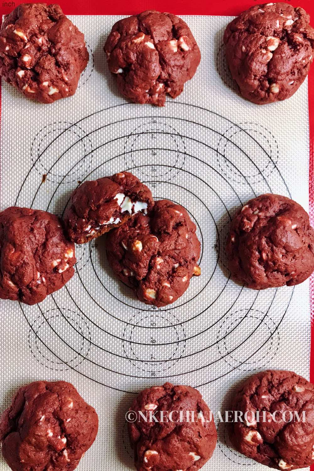 These bright red-colored cookies with white chocolate chips and no artificial coloring will become your go-to red velvet cookie recipe. Tasty, healthy red velvet cookies with beets taste exactly like the classic red velvet cake but in cookies. They are very delicious without any taste of the earthy beets! These are the perfect chewy and soft cookies with melty white chocolate chips—the best classic red velvet cake cookies.