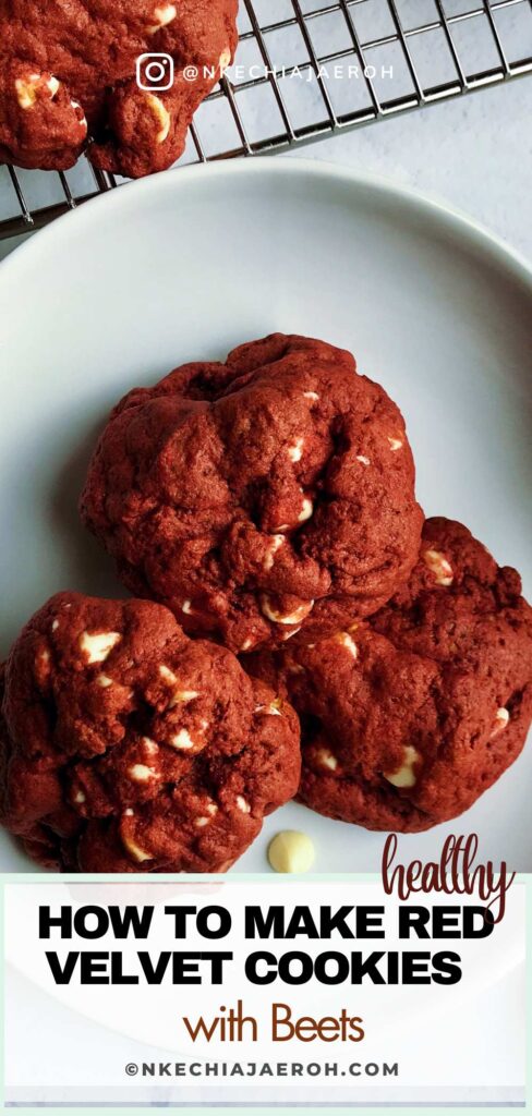 These bright red-colored cookies with white chocolate chips and no artificial coloring will become your go-to red velvet cookie recipe. Tasty, healthy red velvet cookies with beets taste exactly like the classic red velvet cake but in cookies. They are very delicious without any taste of the earthy beets! These are the perfect chewy and soft cookies with melty white chocolate chips—the best classic red velvet cake cookies.