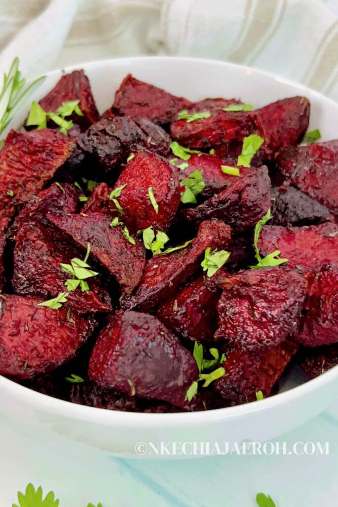 Super easy, tasty, and healthy air fryer roasted beets, aka beetroot, is the ultimate vegetable side dish you didn't know you needed! Air-frying beets is straightforward; air frying may be the best way to cook beets! You end up with colorful pretty-looking beets that complement any main dish. This easy air fryer beets recipe ensures you get tender and sweet beets right from your air fryer. Also, this beets recipe is vegan and gluten-free! #Beets #beetroot #airfryer