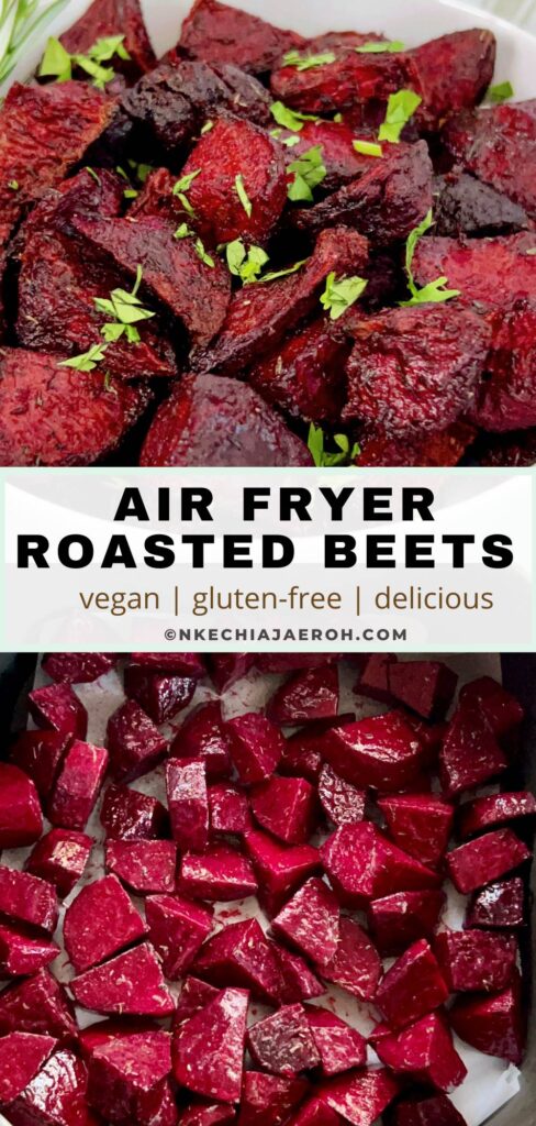 Super easy, tasty, and healthy air fryer roasted beets, aka beetroot, is the ultimate vegetable side dish you didn't know you needed! Air-frying beets is straightforward; air frying may be the best way to cook beets! You end up with colorful pretty-looking beets that complement any main dish. This easy air fryer beets recipe ensures you get tender and sweet beets right from your air fryer. Also, this beets recipe is vegan and gluten-free! #Beets #beetroot #airfryer