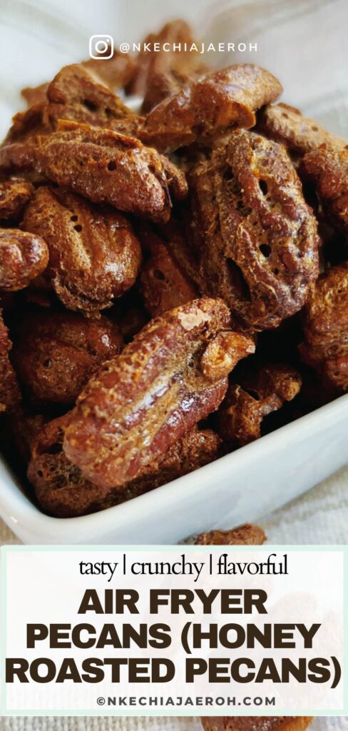 Super easy air fryer pecans, aka honey roasted pecans, are delicious, crunchy, healthy, and, most importantly, snackable! You only need simple ingredients and your air fryer to make this guilt-free snack that everyone will love! Also,  look no further than my air fryer pecans recipe. This air-fried pecans recipe is easy to follow. If you have 20 minutes and raw pecans, then you've got just about everything you need to make air fryer roasted pecans. So if you love roasted pecans, try it now! Air fryer roasted pecans are great as salad toppings and snacks and make a great holiday gift!