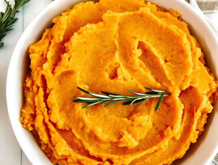 A simple vegan mashed sweet potatoes recipe with rosemary, coconut milk, and coconut cream is tasty, creamy, fragrant, and sweet, making a perfect side dish for any main. Vegan mashed potatoes is ideal for family dinners or special occasions. Made without any dairy, they still come out dreamy, creamy, and full of that sweet and savory flavor! The secret to making dairy-free mashed sweet potatoes without milk and butter is to use coconut milk and coconut cream. Mashed sweet potatoes recipe is perfect during Thanksgiving and Christmas, etc.