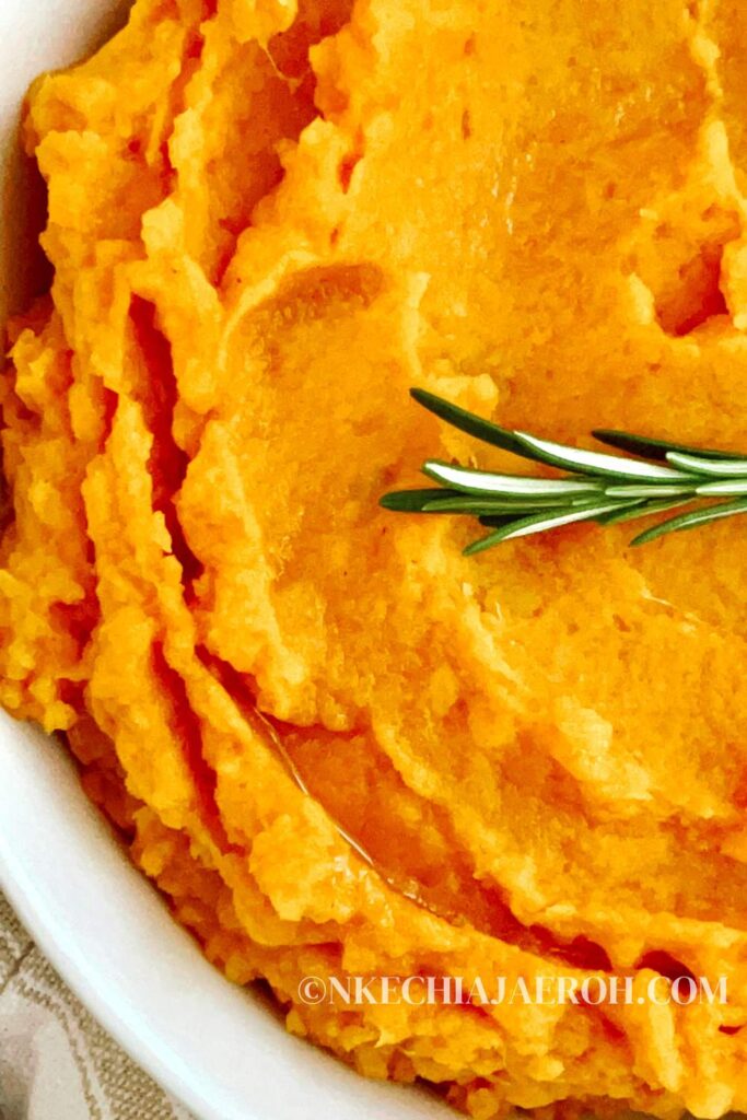 A simple vegan mashed sweet potatoes recipe with rosemary, coconut milk, and coconut cream is tasty, creamy, fragrant, and sweet, making a perfect side dish for any main. Vegan mashed potatoes is ideal for family dinners or special occasions. Made without any dairy, they still come out dreamy, creamy, and full of that sweet and savory flavor! The secret to making dairy-free mashed sweet potatoes without milk and butter is to use coconut milk and coconut cream. Mashed sweet potatoes recipe is perfect during Thanksgiving and Christmas, etc.