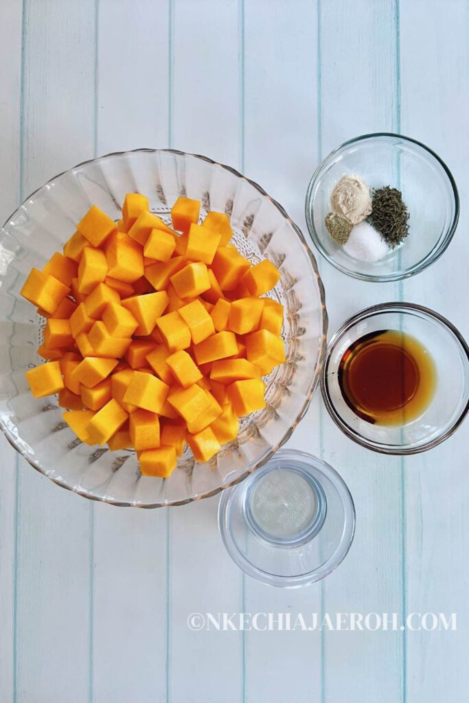 Raw Butternut squash, maple syrup, salt pepper and olive oil
