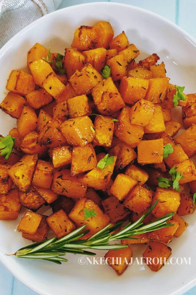 Air fryer roasted maple butternut squash is sweet, savory, and tasty, and it makes a nutritious and mouth-watering side dish for any main! The best thing about this air-fried butternut squash recipe is that it is super easy to make, packed with fall flavors, and you can add it to other dishes! Roasted butternut squash is perfect with salads, bowls, and casseroles.