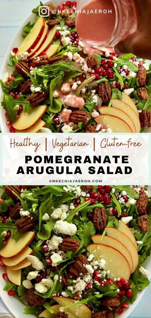 Healthy pomegranate arugula salad with apples and pecans is easy to make, pretty, and perfect for any occasion! My pomegranate salad bursts with delicious flavors from the slightly spiced arugula, sweet and crisp apples, and crunchy pecans. This easy salad is bejeweled with fresh pomegranate seeds or arils and finished with pomegranate salad dressing. This would make an enviable summertime salad recipe as well!  #Pomegranatesalad #arugulasalad #pomegranate #salad