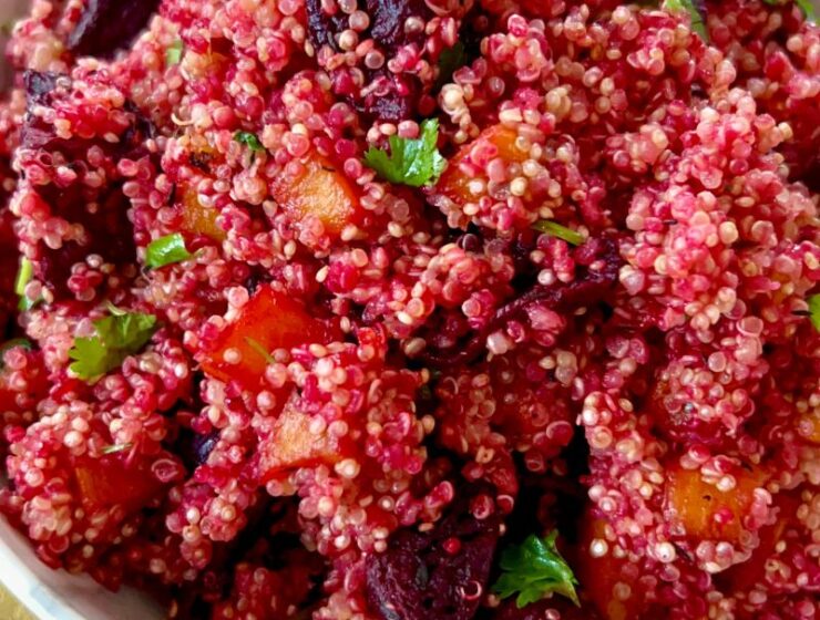 A simple quinoa bowl with air fryer roasted beet (beetroot), roasted air-fried butternut squash, and baked quinoa is filling, satisfying, healthy! This roasted beet butternut squash bowl with quinoa is colorful, making it a perfect side dish for every main dish and every occasion! Quinoa, beets, and butternut squash is a combo you didn't know you needed. The leftovers keep well in the refrigerator and make great additions to quinoa salads. #quinoa #butternutsquash #beet