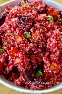 A simple quinoa bowl with air fryer roasted beet (beetroot), roasted air-fried butternut squash, and baked quinoa is filling, satisfying, healthy! This roasted beet butternut squash bowl with quinoa is colorful, making it a perfect side dish for every main dish and every occasion! Quinoa, beets, and butternut squash is a combo you didn't know you needed. The leftovers keep well in the refrigerator and make great additions to quinoa salads.