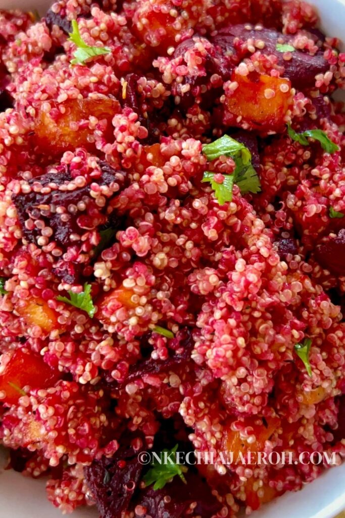 A simple quinoa bowl with air fryer roasted beet (beetroot), roasted air-fried butternut squash, and baked quinoa is filling, satisfying, healthy! This roasted beet butternut squash bowl with quinoa is colorful, making it a perfect side dish for every main dish and every occasion! Quinoa, beets, and butternut squash is a combo you didn't know you needed. The leftovers keep well in the refrigerator and make great additions to quinoa salads. #quinoa #butternutsquash #beet #vegan #sidedish