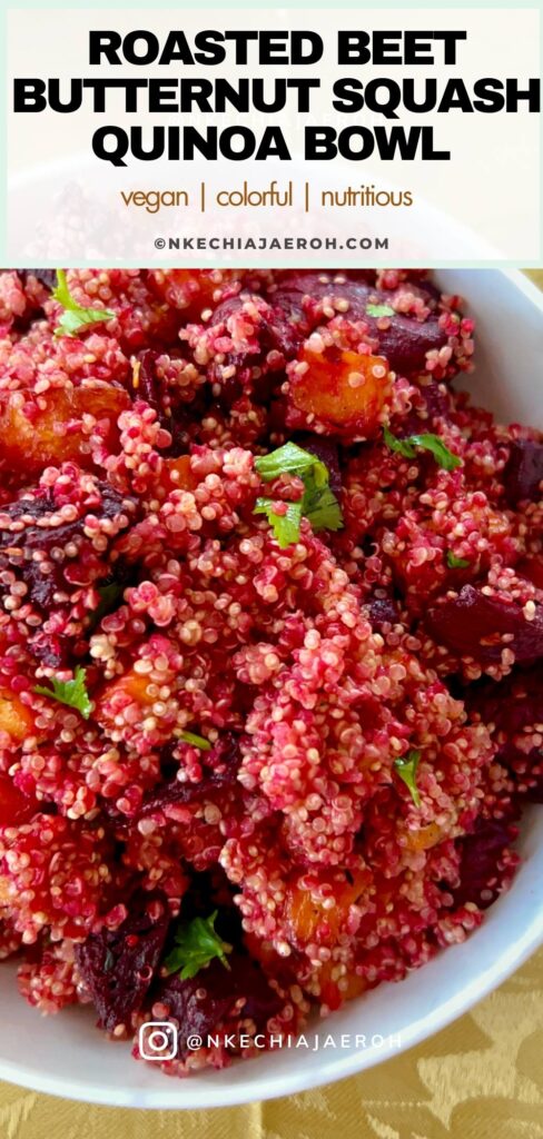 A simple quinoa bowl with air fryer roasted beet (beetroot), roasted air-fried butternut squash, and baked quinoa is filling, satisfying, healthy! This roasted beet butternut squash bowl with quinoa is colorful, making it a perfect side dish for every main dish and every occasion! Quinoa, beets, and butternut squash is a combo you didn't know you needed. The leftovers keep well in the refrigerator and make great additions to quinoa salads. #quinoa #butternutsquash #beet #vegan #sidedish