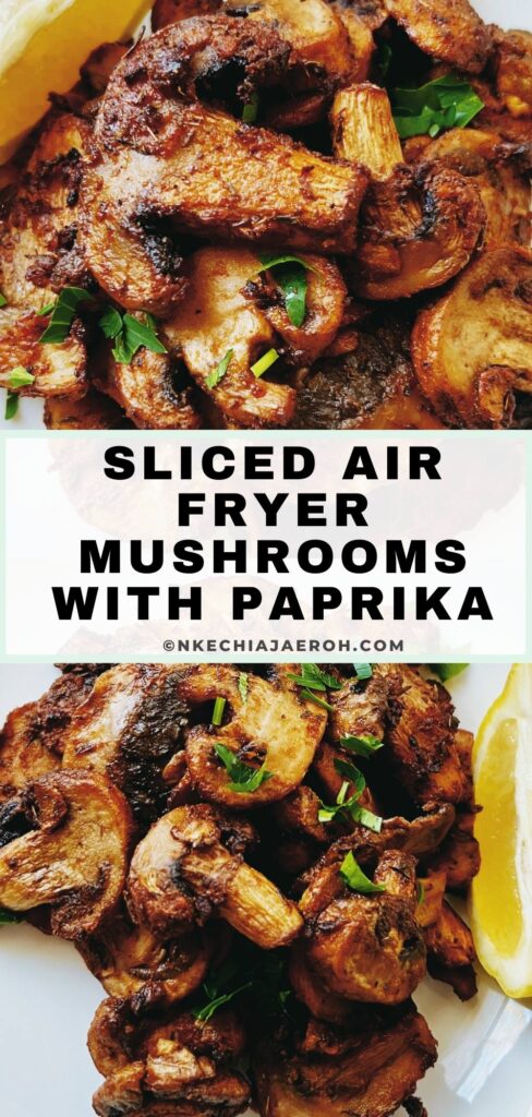 A simple recipe of air fryer mushrooms requires sliced mushrooms, paprika, olive oil, onion powder, garlic powder, dry thyme, salt, and pepper! Making mushrooms in your air fryer is the easiest way to make mushrooms. It takes only a few minutes, resulting in the best tasting mushroom ever! You can add sliced air-fried mushrooms to salads and bowls or use them as appetizers or snacks. This easy salt and pepper sliced air fryer mushroom recipe with paprika is vegan and perfect for non-meat eaters and vegetarians!