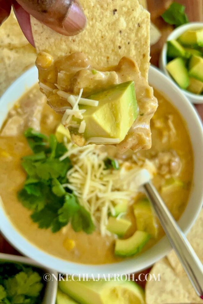 The tastiest creamy, cozy stovetop white chicken chili is the only chili recipe you need for the fall and winter seasons. We are officially in soup season, and this rich white chicken chili will warm your heart and soul! Made with flavorful chicken thighs, hearty cannellini beans, mild green chilies, and whole-kernel corn resulting in a satisfyingly delicious bowl of unforgettable soup. This chili soup is lighter and a great alternative to traditional beef chili! And it makes a perfect dinner for cold, chilly fall and winter nights!