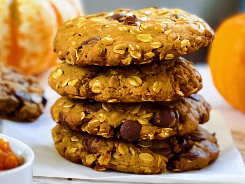 These pumpkin oatmeal chocolate chip cookies with brown butter are packed with warm fall flavors! These are a pure delight. They're chewy, sweet, and indulgent, yet made with ingredients you can feel good about. These pumpkin cookies will be your favorite pumpkin recipe! It is perfect for Thanksgiving desserts or fall treats. Bake up a batch today for your pumpkin-loving people!