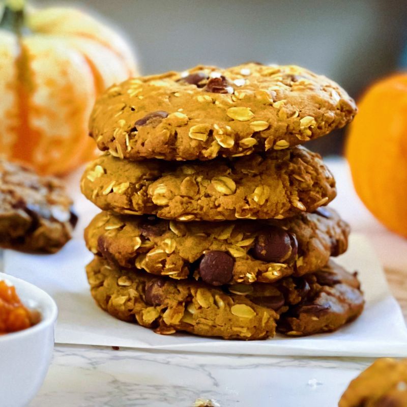 These pumpkin oatmeal chocolate chip cookies with brown butter are packed with warm fall flavors! These are a pure delight. They're chewy, sweet, and indulgent, yet made with ingredients you can feel good about. These pumpkin cookies will be your favorite pumpkin recipe! It is perfect for Thanksgiving desserts or fall treats. Bake up a batch today for your pumpkin-loving people!