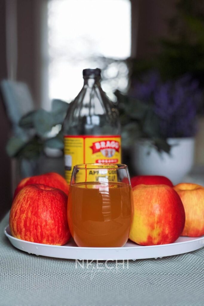 Apple cider vinegar, or ACV, is a type of vinegar made with fermented apples. It differs from other kinds of vinegar. ACV is very pungent, like sour apples with a strong lean of vinegar, and it has several health benefits! Some health benefits of ACV include weight loss, helping to stabilize blood sugar, and having anti-microbial powers. Other uses of apple cider vinegar include cooking, beauty, home, and more!
