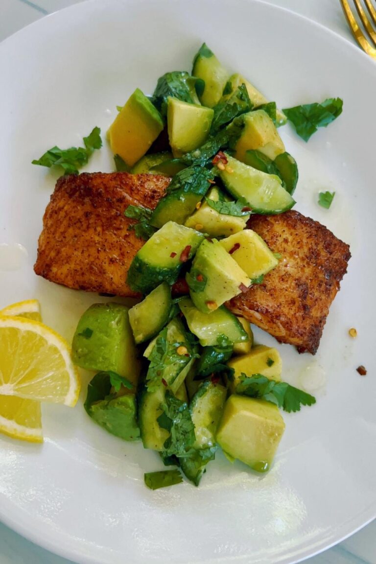 Cajun Air Fryer Salmon with Avocado and cumber takes less than 20 minutes to make! This healthy low-carb + super-delicious meal makes for a quick lunch or dinner for one!! You can meal prep this dish and easily assemble whenever you wish to eat!