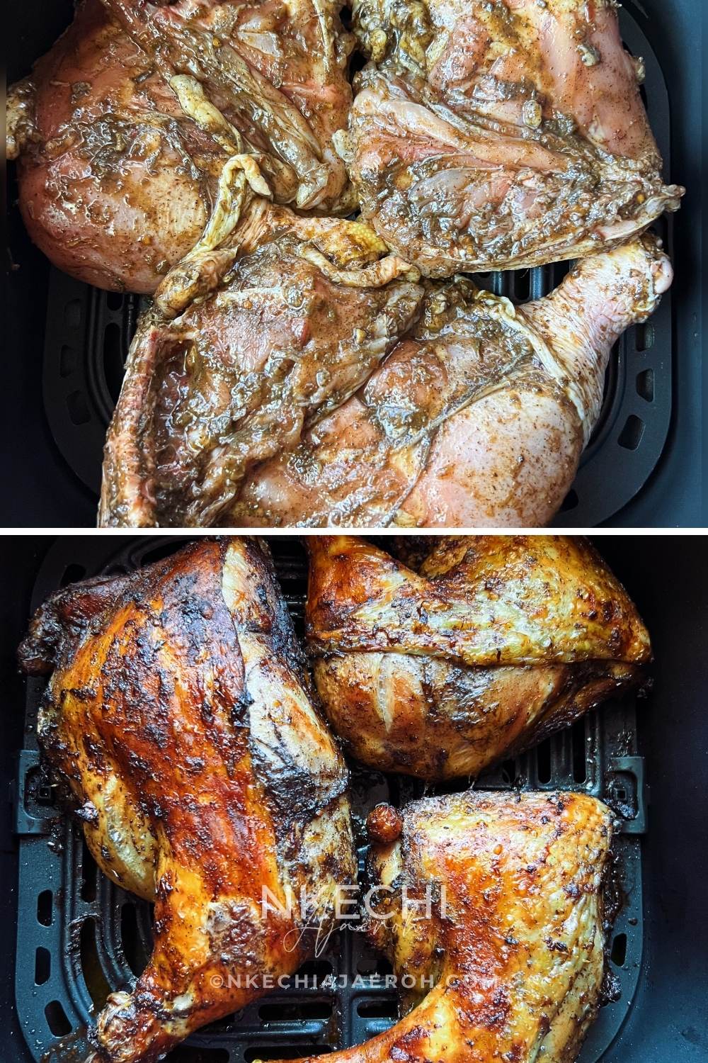 Here is the BEST EVER chicken leg quarters with jerk seasoning! If you are tired of the mid chicken recipes we have out here on the internet, I feel ya. The best-tasting chicken that you will come back to over and over again is here! This super delicious and easy-to-make air fryer chicken quarters recipe is flavorful and finger-licking well! Amazingly, this chicken recipe requires only a few ingredients that you may already have in your pantry!
If you don't know, chicken quarters comprise chicken legs (drumsticks) and thighs. You will need the chicken leg quarters with skin on for this recipe.