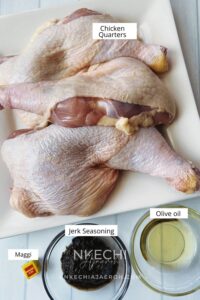 Ingredients for making jerk chicken leg quarters in the air fryer include Chicken leg quarters, jerk seasoning, olive oil, and Maggi cube or Knorr bouillon.