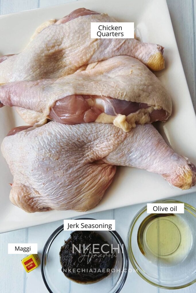 Ingredients for making jerk chicken leg quarters in the air fryer include Chicken leg quarters, jerk seasoning, olive oil, and Maggi cube or Knorr bouillon.