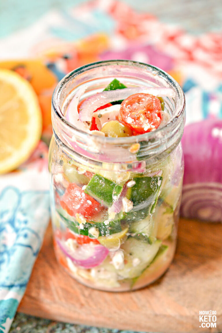 This simple and delicious Mason Jar Keto Greek Salad is a perfect grab and go meal to stay on track, even on busy days! This easy make-ahead lunch recipe will make sure that you’re getting lots of delicious and healthy vegetables in your diet too!