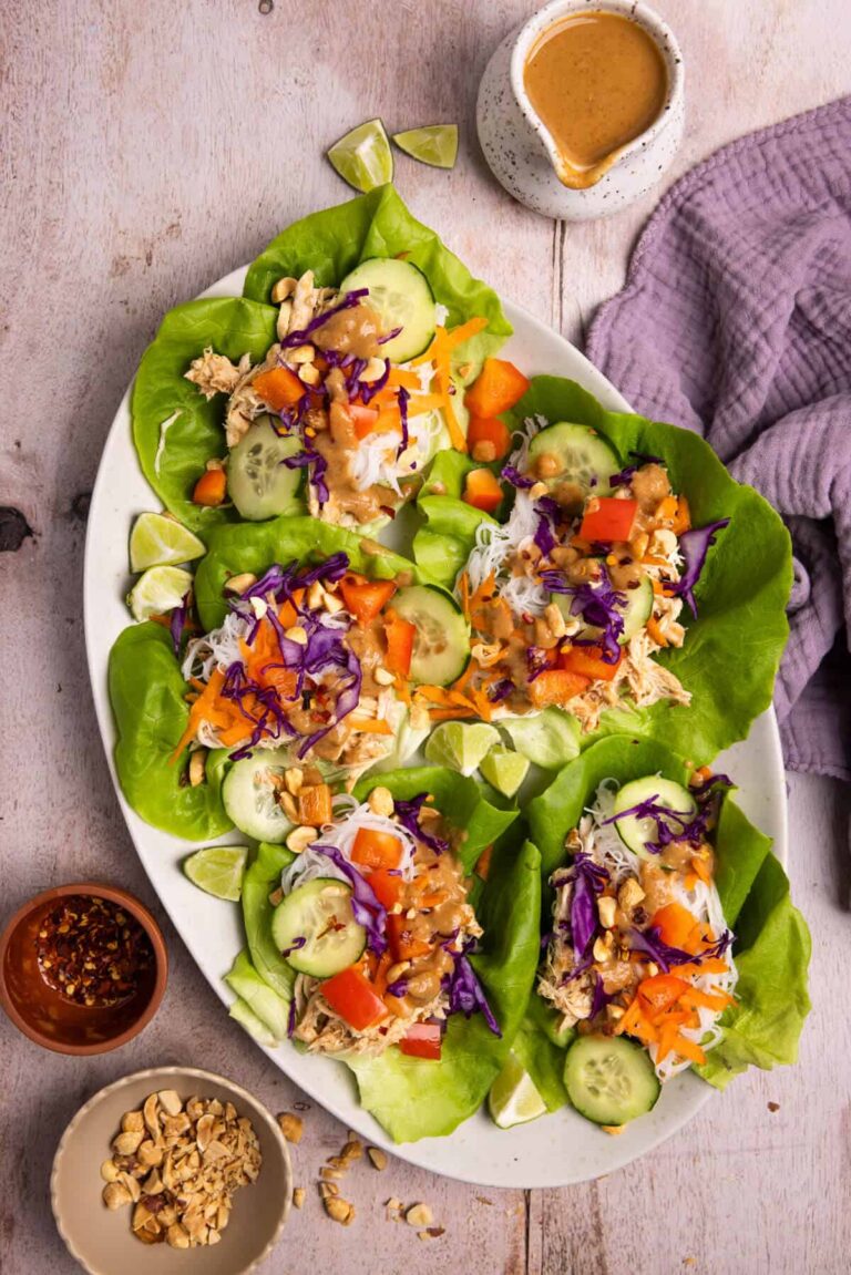 These rotisserie chicken lettuce wraps with peanut sauce are an easy and versatile meal packed with flavor. The best part is that they come together in less than 30 minutes and require little cook time, thanks to the convenience of rotisserie chicken. 
