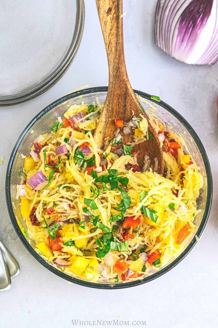 This Spaghetti Squash Salad is tossed in a zesty dressing for an easy healthy side dish that’s a cinch to make and guaranteed to please. It tastes great warm or cold–perfect for a dinner side, or to take along to a picnic or potluck. Really anything goes! 